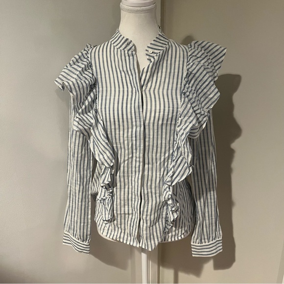 Rebecca Minkoff Tops - Rebecca Minkoff Blue & White Striped Ruffle Button Up Blouse